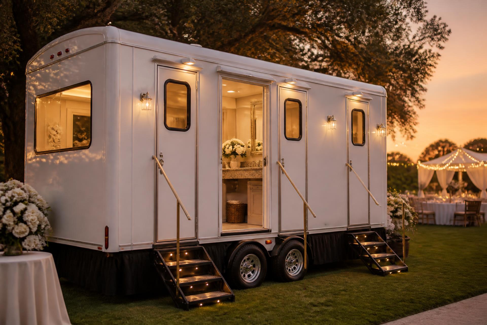 Luxury restroom trailer glowing at an evening wedding reception
